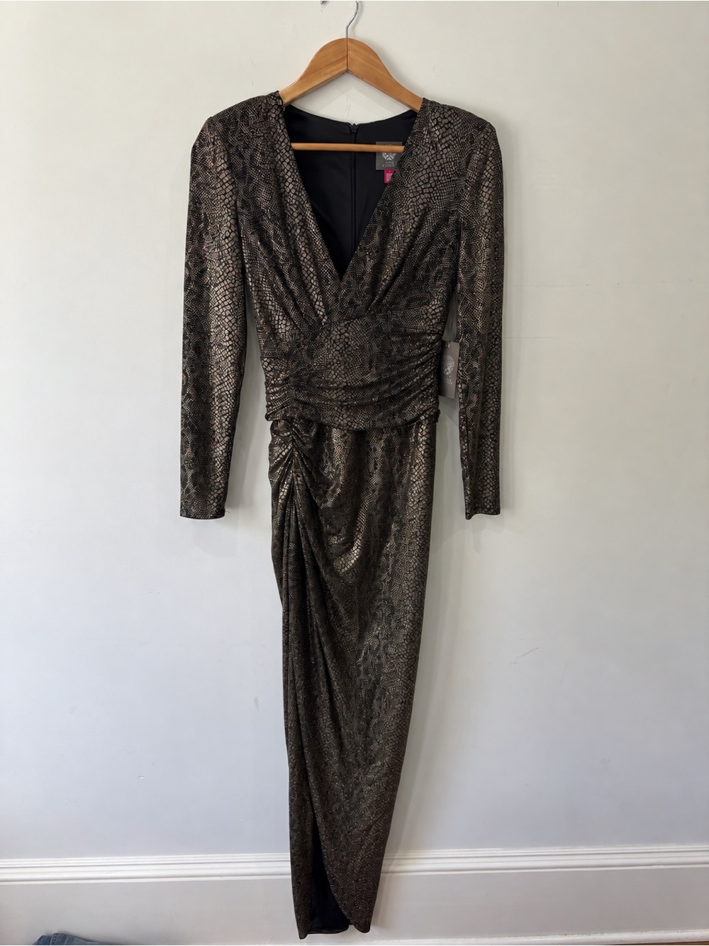 Vince Camuto Bronze Snake-Print Long Sleeve Draped Gown